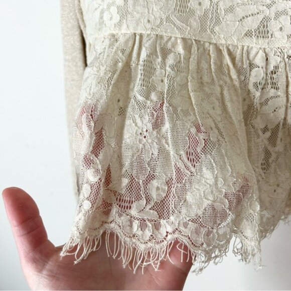 Anthropologie Knitted & Knotted Afterword Cardigan Sweater Beige Metallic Lace - Picture 8 of 16